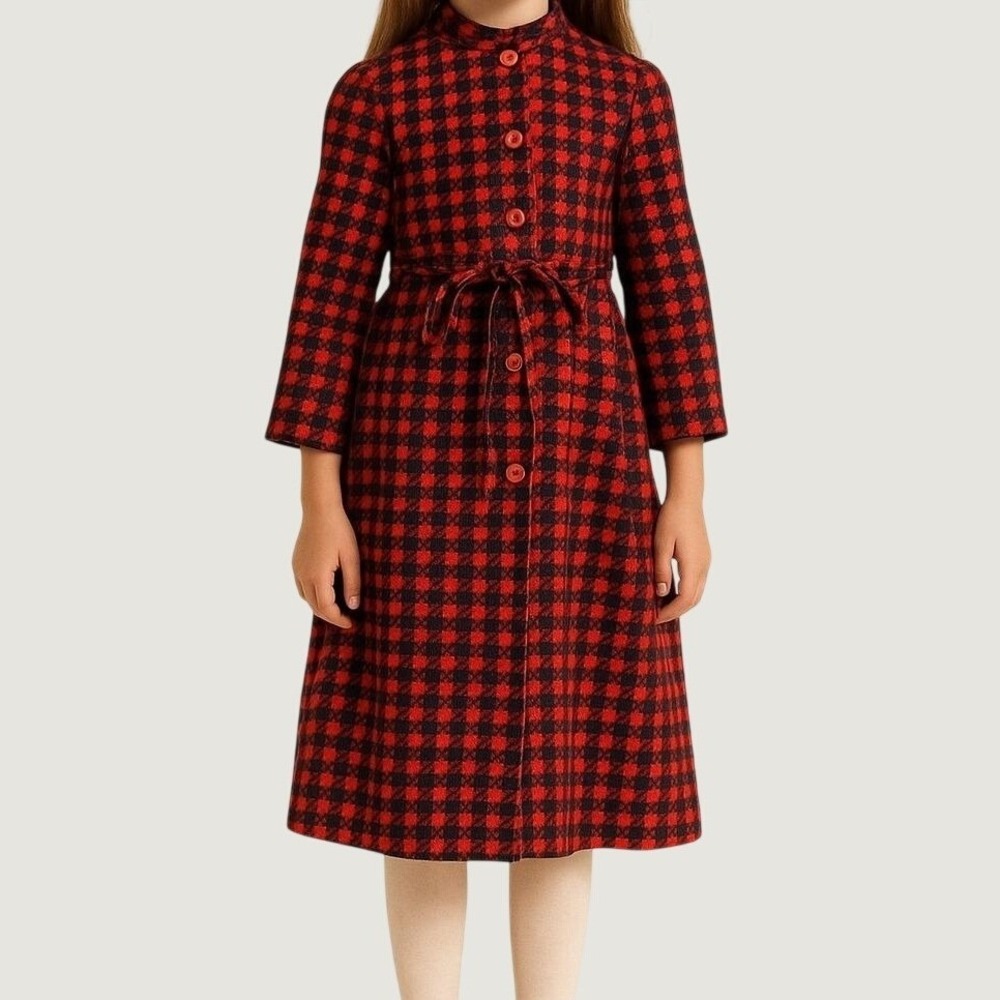 Vintage 70s Childrens Girls Red Navy Houndstooth Plaid Corduroy Button Up Dress